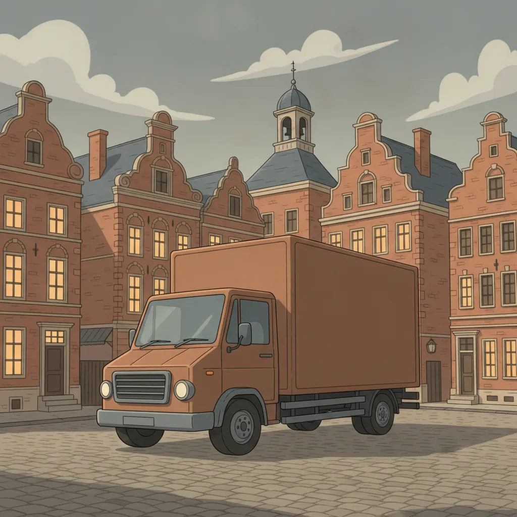 Illustration: Umzugstransporter vor Giebelhaeusern an einem belgischen Marktplatz - Umzug von Deutschland nach Belgien