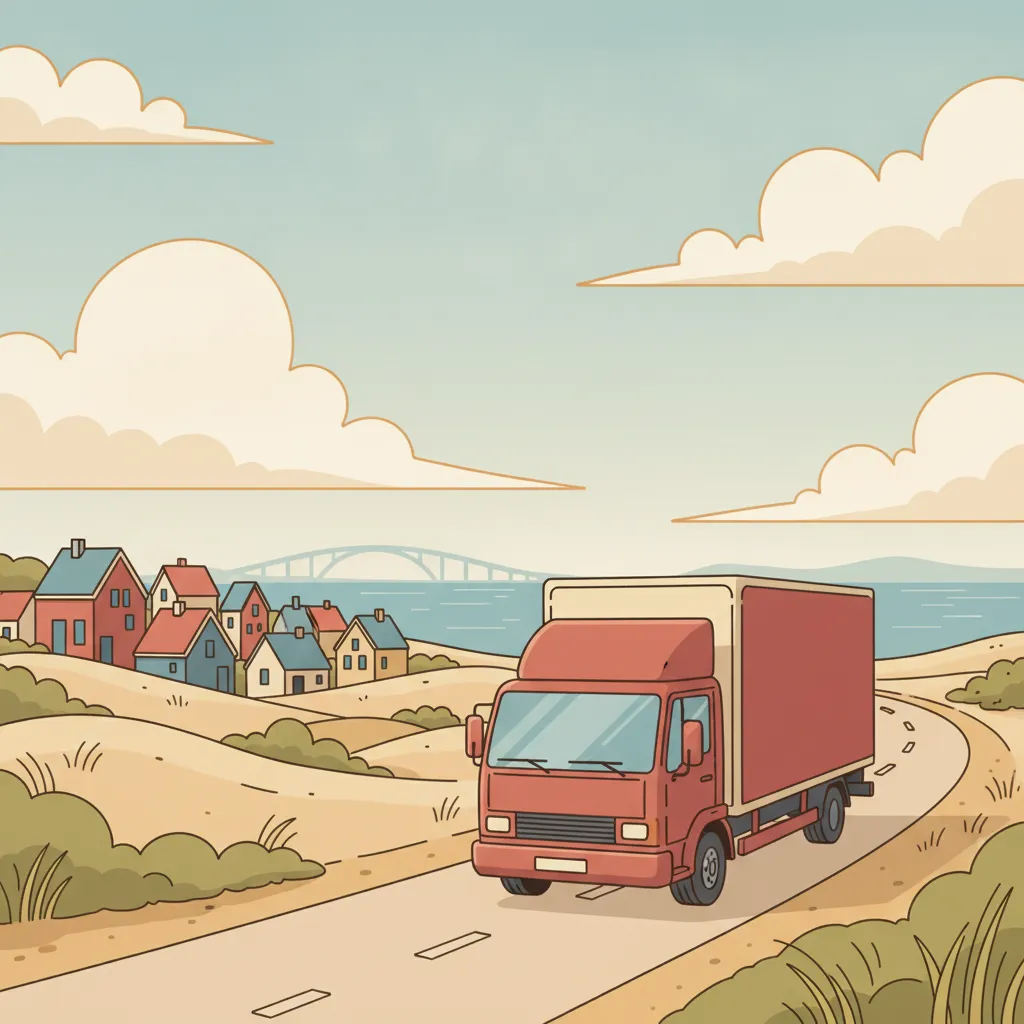Illustration: Umzugstransporter auf Kuestenstrasse mit Duenen und bunten Haeusern am Meer - Umzug von Deutschland nach Daenemark