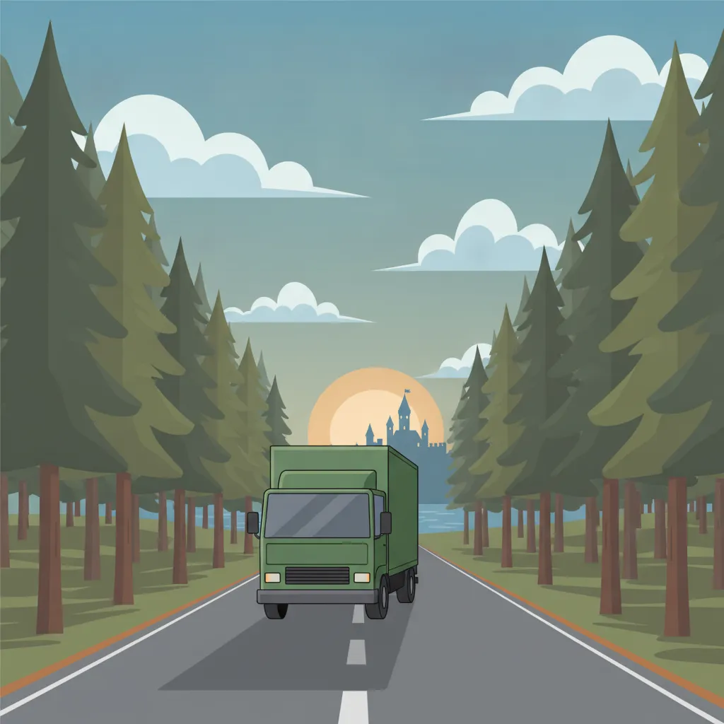 Illustration: Umzugstransporter auf Landstrasse durch Kiefernwald Richtung mittelalterlicher Stadtsilhouette - Umzug von Deutschland nach Estland