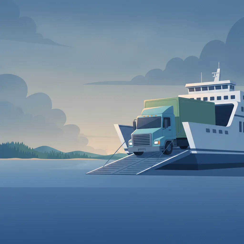 Illustration: Umzugstransporter faehrt auf eine Ostsee-Faehre, Abendhimmel ueber ruhiger See - Umzug von Deutschland nach Finnland