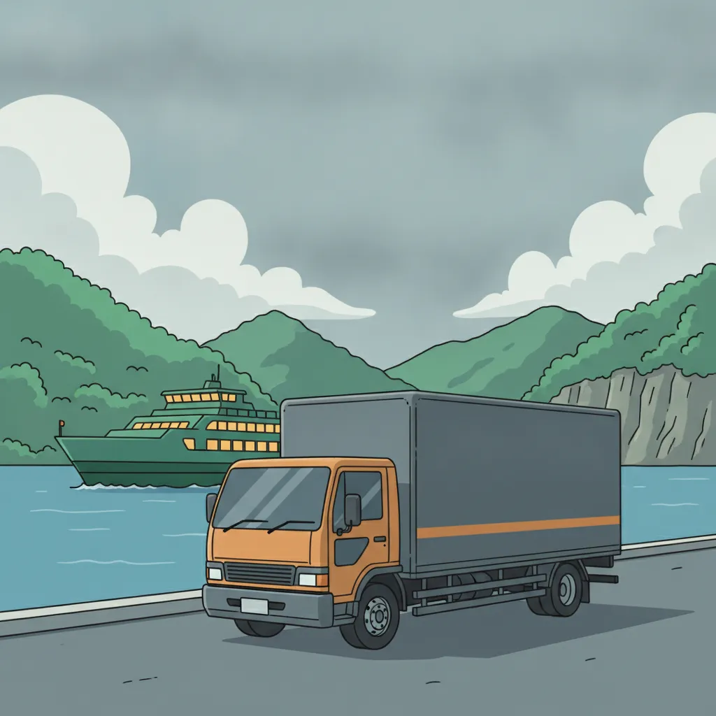 Illustration: Umzugstransporter an Fährterminal vor grüner Steilküste - Umzug von Deutschland nach Irland