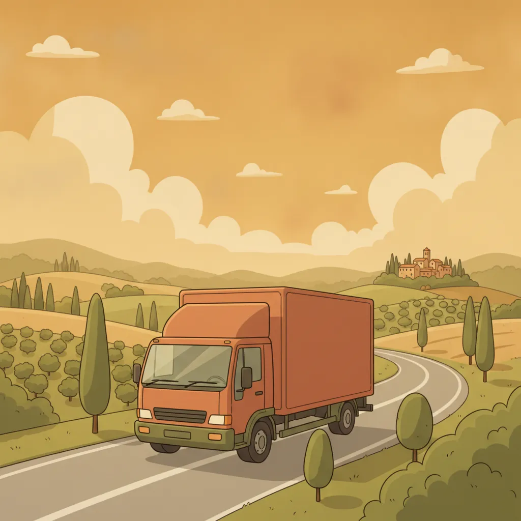 Illustration: Umzugstransporter auf Landstraße durch toskanische Hügel mit Zypressen - Umzug von Deutschland nach Italien