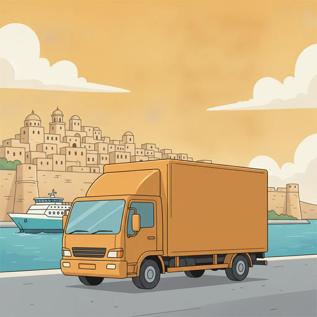 Illustration: Hafen mit honigfarbenen Kalksteinhaeusern, Faehre und Umzugstransporter am Kai - Umzug von Deutschland nach Malta