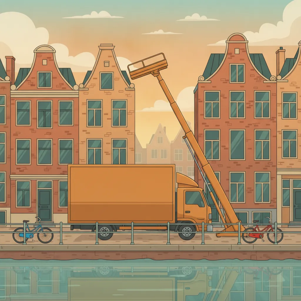 Illustration: Moebellift an schmalem Grachtenhaus, Umzugstransporter am Kanalufer - Umzug von Deutschland in die Niederlande