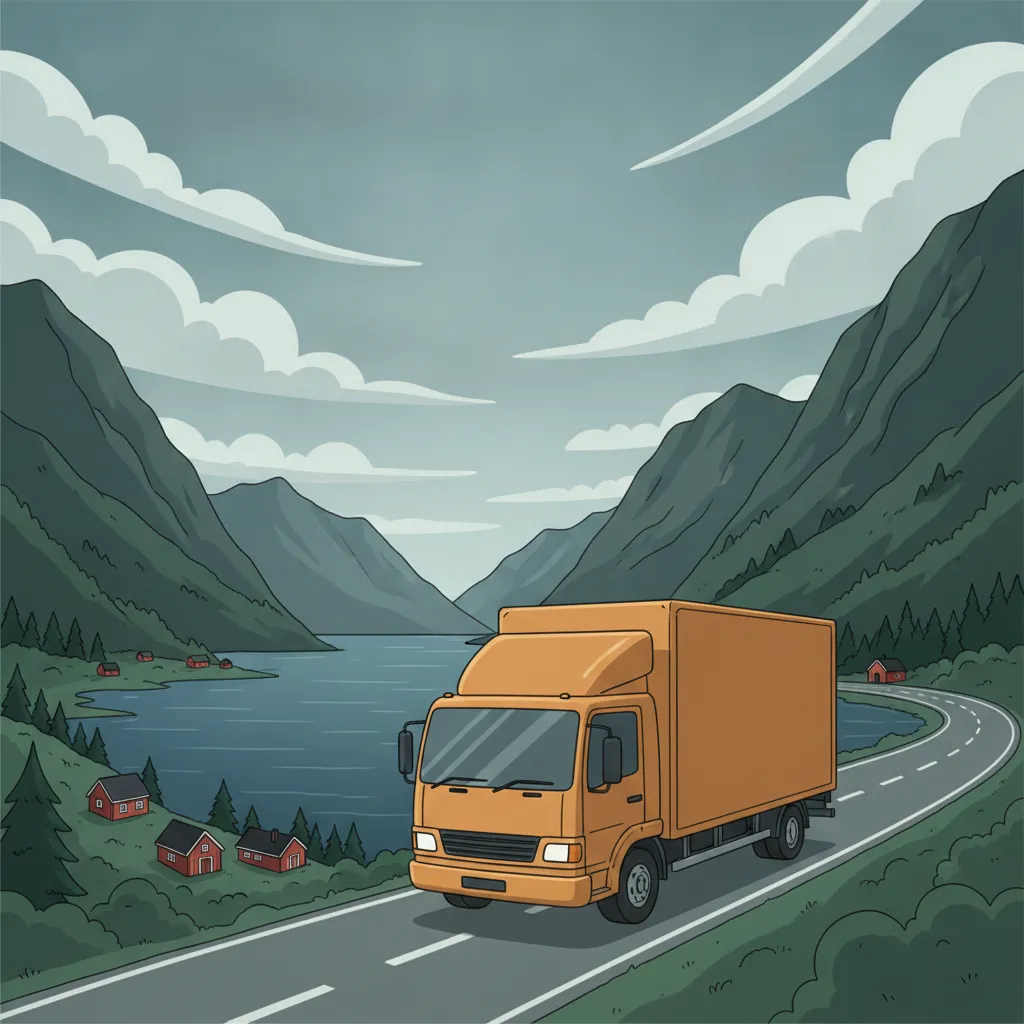 Illustration: Umzugstransporter auf Küstenstraße vor norwegischem Fjord mit Bergen - Umzug von Deutschland nach Norwegen