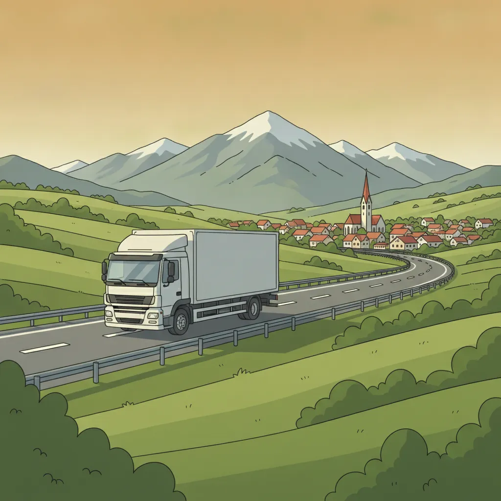 Umzugstransporter auf der Autobahn Richtung Alpen mit Bergpanorama – Umzug von München nach Österreich