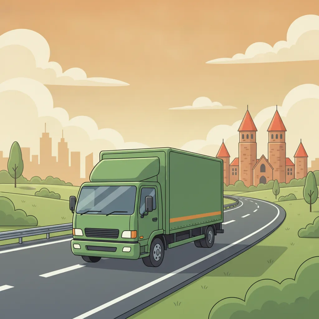 Illustration: Umzugstransporter auf Autobahn Richtung Osten, Felder und Stadtsilhouette mit Backsteintuermen - Umzug von Deutschland nach Polen