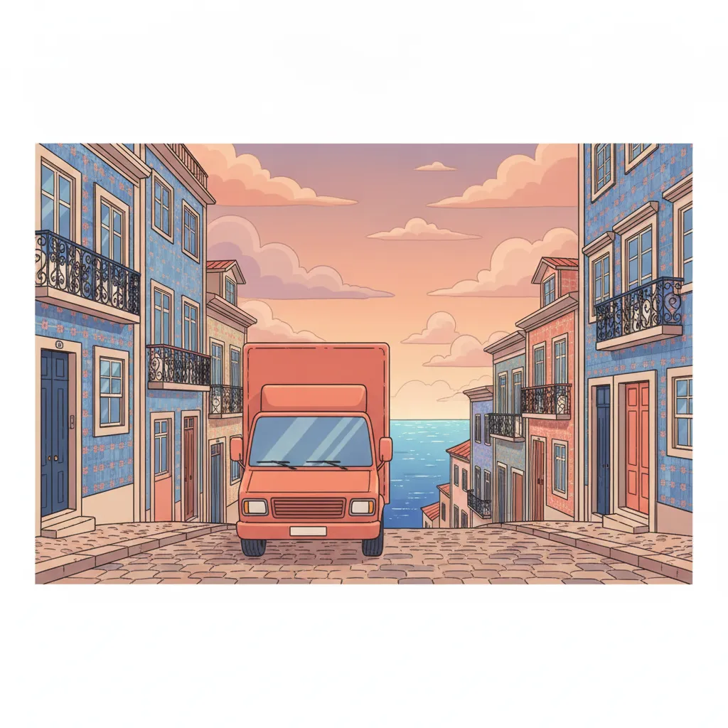 Illustration: Umzugstransporter in steiler Altstadtgasse mit bunten Häusern über dem Atlantik - Umzug von Deutschland nach Portugal
