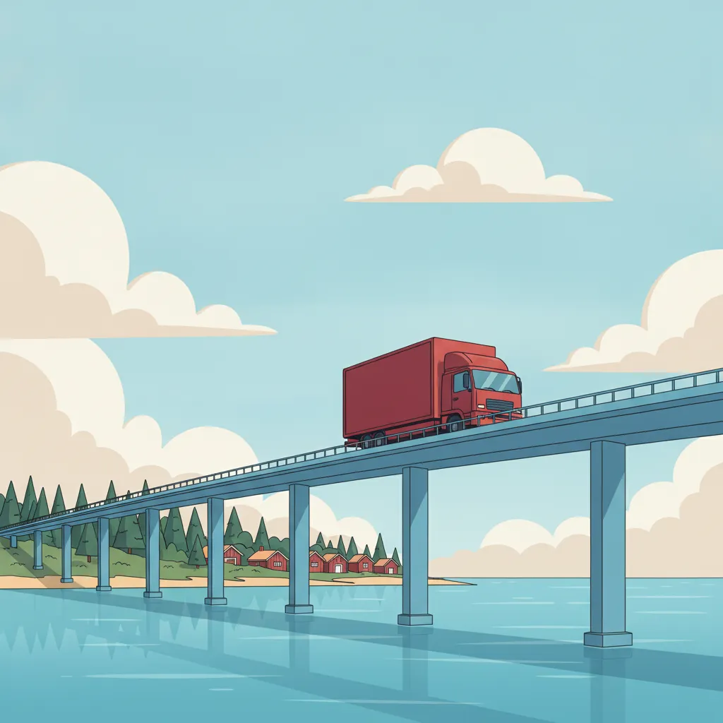 Illustration: Umzugstransporter auf grosser Meerbruecke Richtung Skandinavien, rote Holzhaeuser am Ufer - Umzug von Deutschland nach Schweden