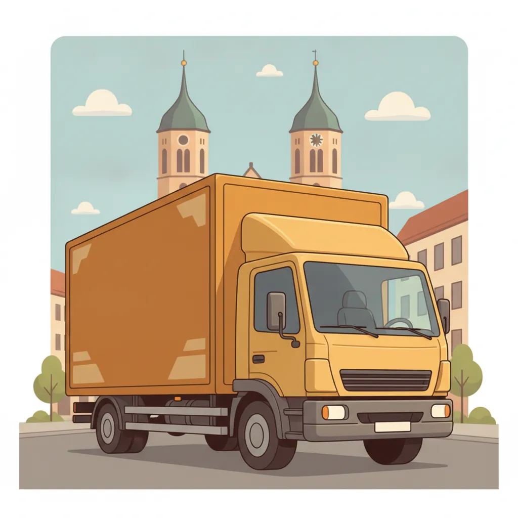 Comic-Illustration: geschlossener Umzugstransporter erreicht Augsburg – Umzug von München nach Augsburg