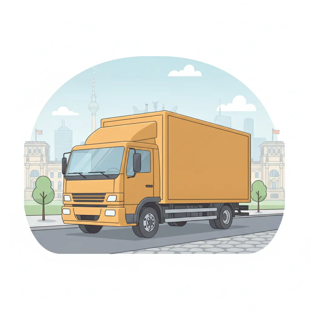 Comic-Illustration: geschlossener Umzugstransporter erreicht Berlin – Umzug von München nach Berlin
