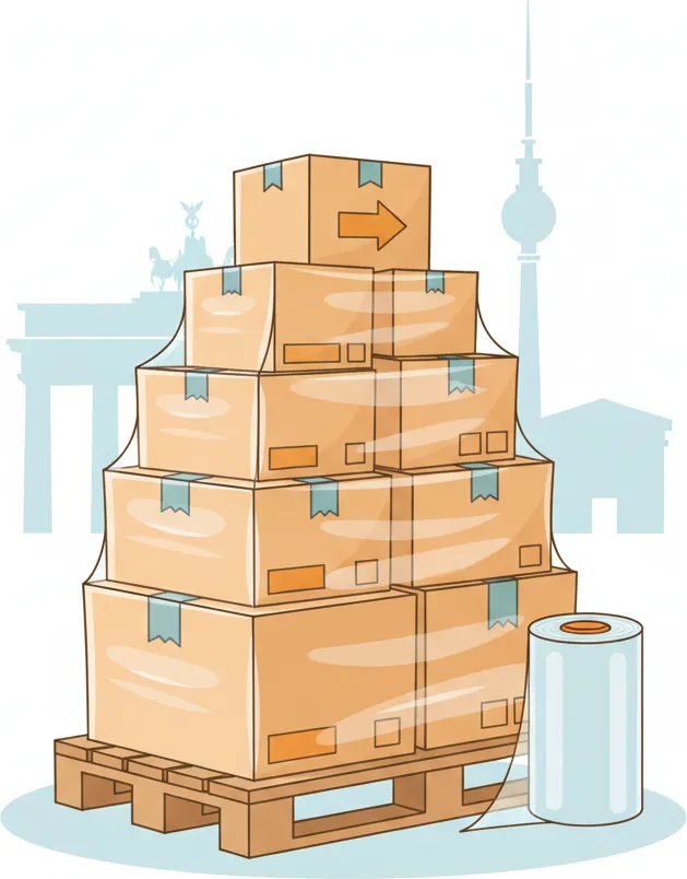 Comic-Illustration: sicher gestapelte und mit Stretchfolie gesicherte Umzugskartons auf einer Palette für den Transport nach Berlin