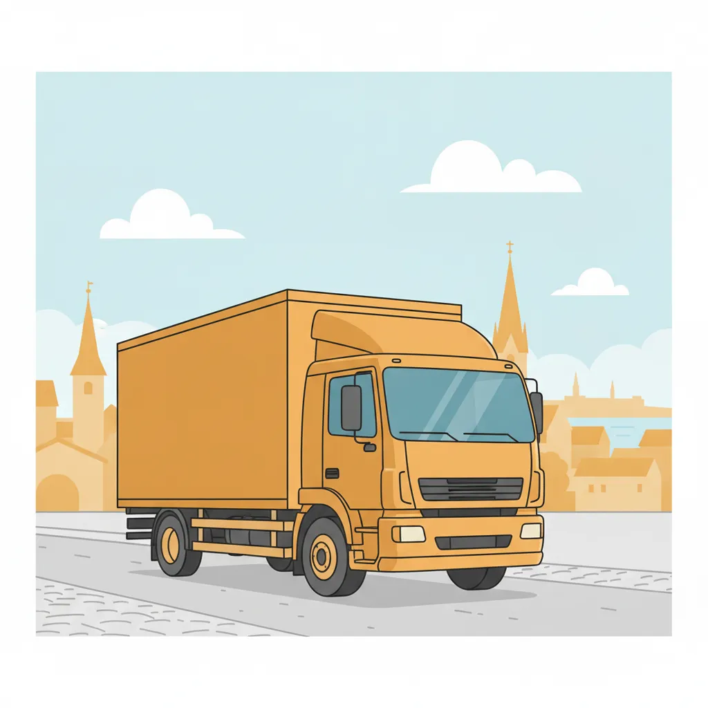 Comic-Illustration: geschlossener Umzugstransporter erreicht Flensburg – Umzug von München nach Flensburg