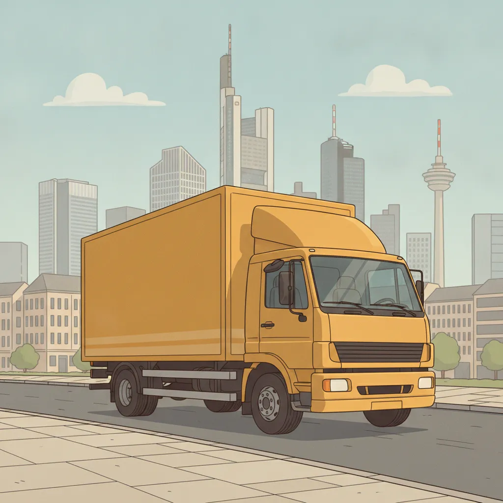 Comic-Illustration: geschlossener Umzugstransporter erreicht Frankfurt am Main – Umzug von München nach Frankfurt am Main