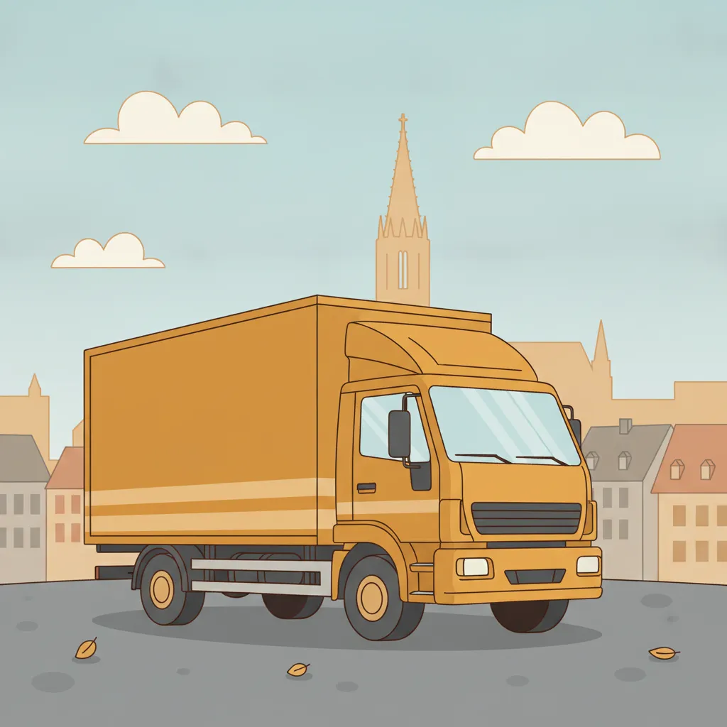 Comic-Illustration: geschlossener Umzugstransporter erreicht Freiburg im Breisgau – Umzug von München nach Freiburg im Breisgau