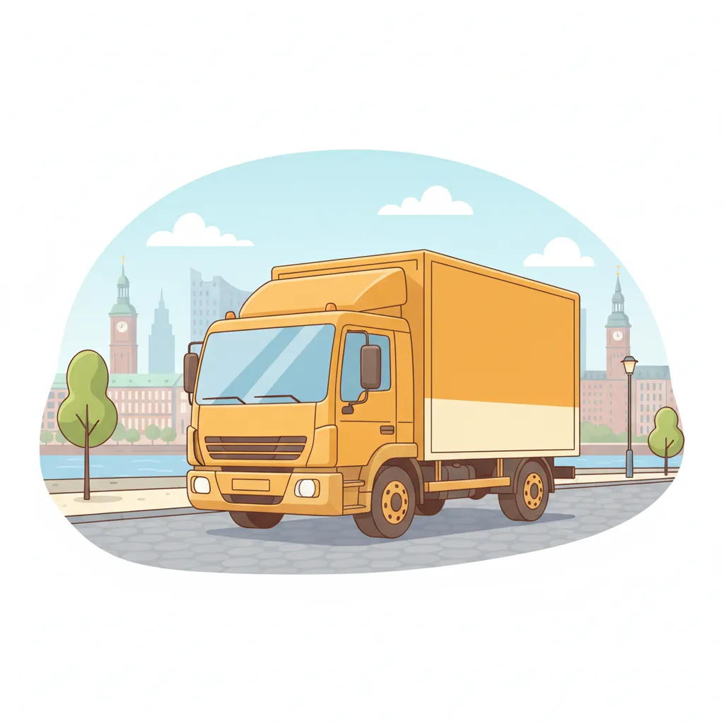Comic-Illustration: geschlossener Umzugstransporter erreicht Hamburg – Umzug von München nach Hamburg