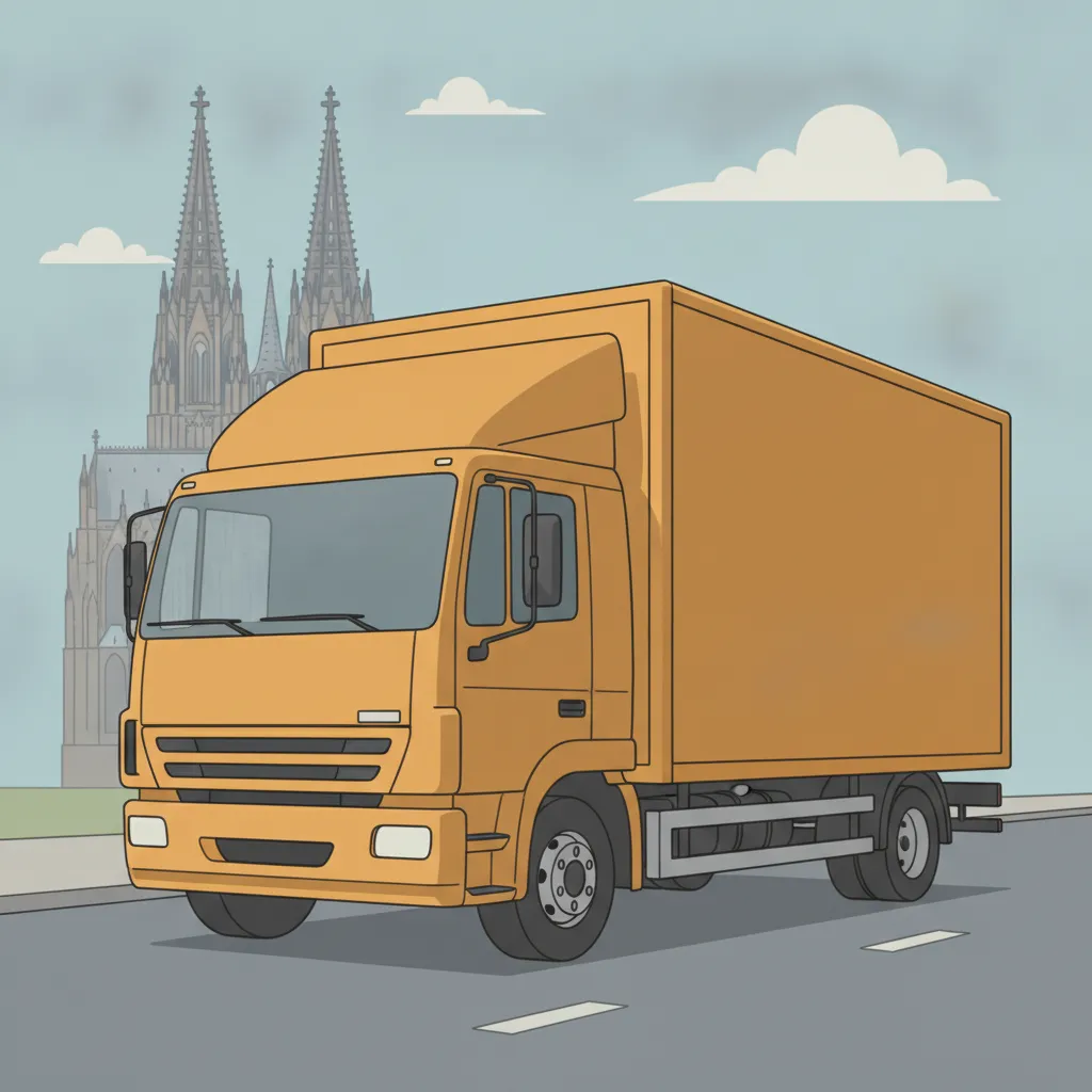 Comic-Illustration: geschlossener Umzugstransporter erreicht Köln – Umzug von München nach Köln