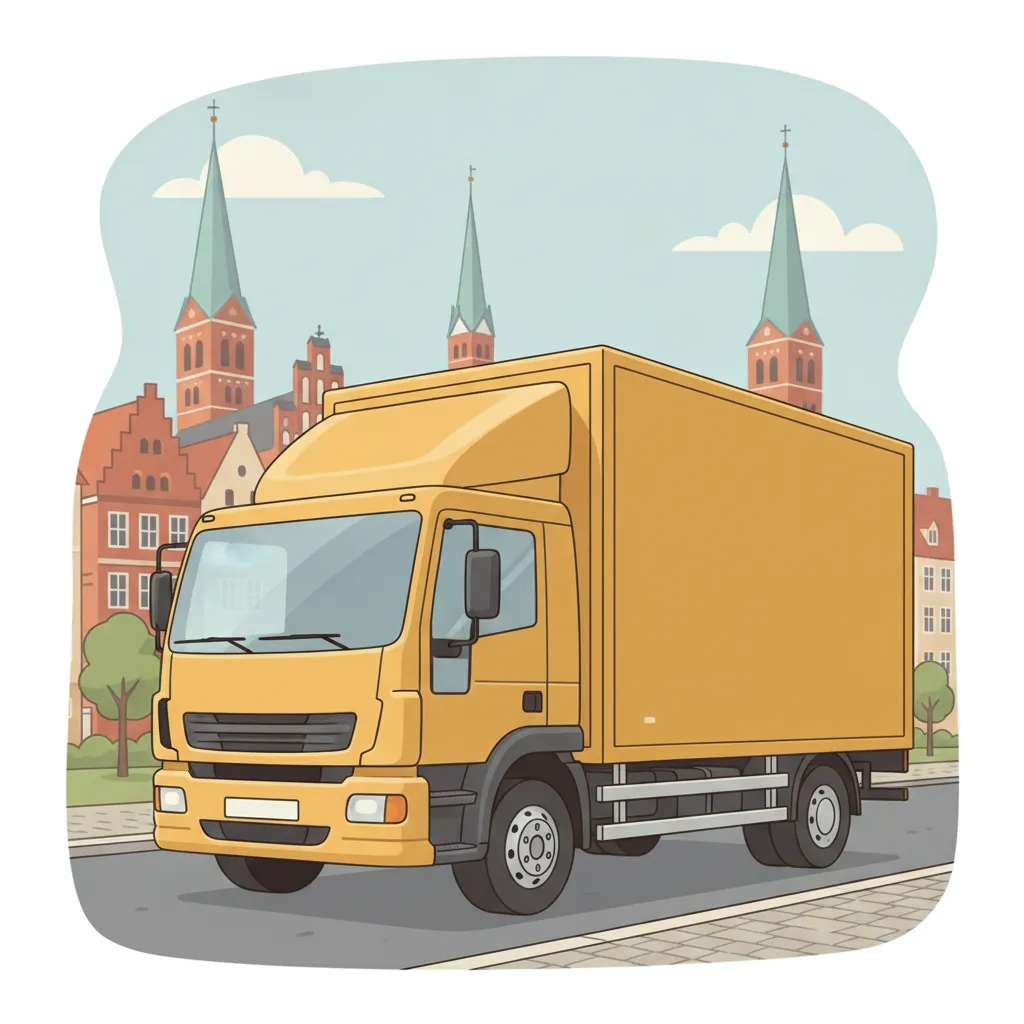 Comic-Illustration: geschlossener Umzugstransporter erreicht Lübeck – Umzug von München nach Lübeck