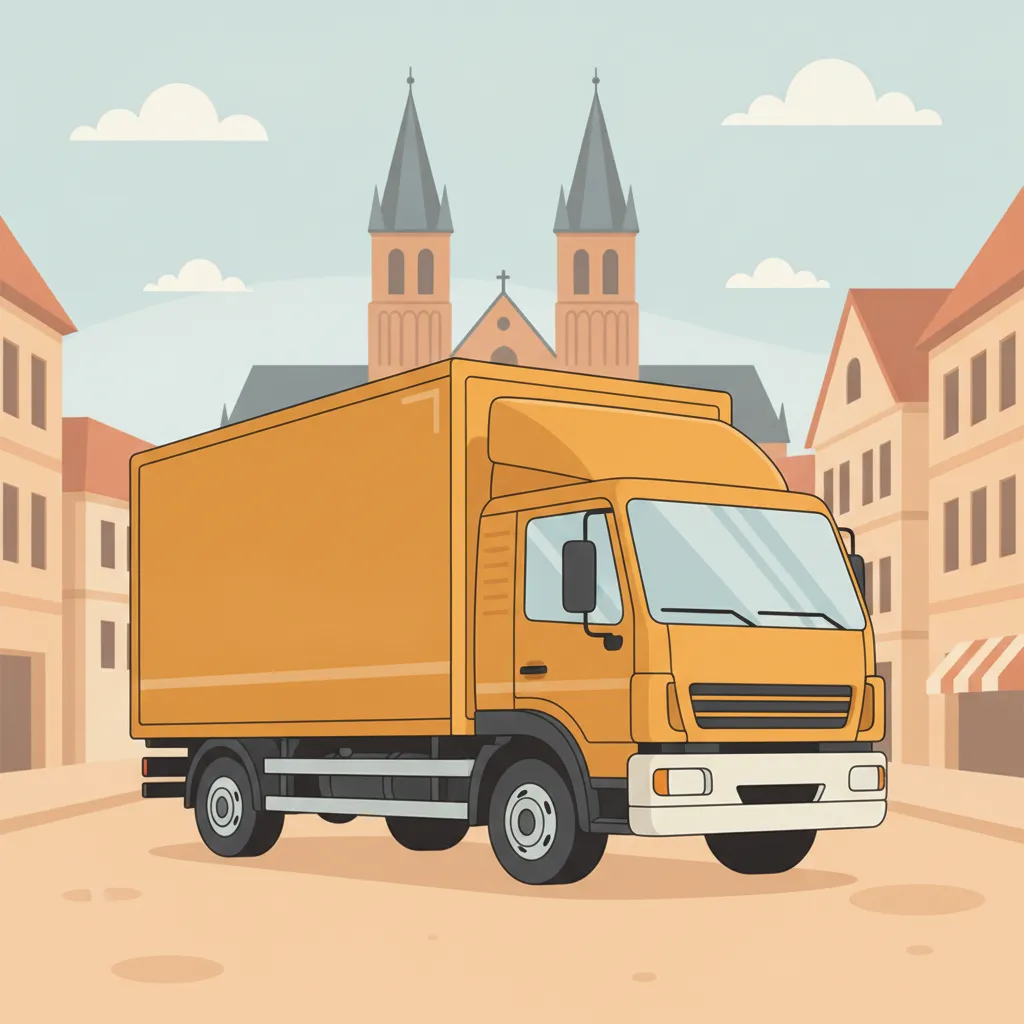 Comic-Illustration: geschlossener Umzugstransporter erreicht Paderborn – Umzug von München nach Paderborn